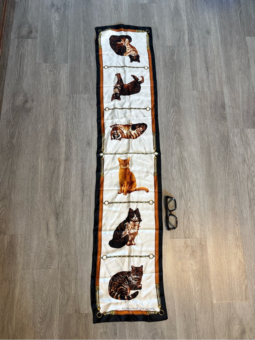 Adrienne Vittadini Long Cat Motif Silk Scarf in White, Brown, Black